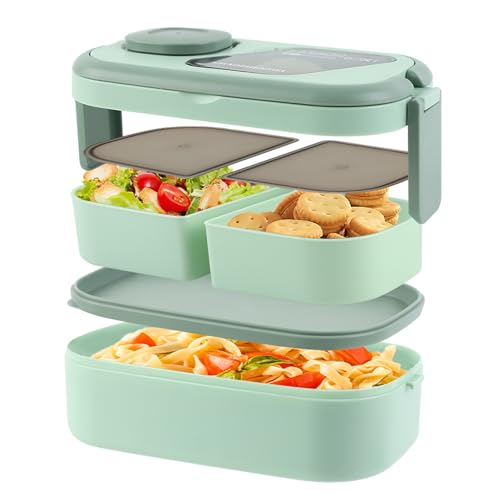 Dzmuero Fiambrera Adulto, Bento Box, 1100ml lunch box con Compartimentos, Cubiertos y Recipiente para Salsa, Prueba de Fugas, Fiambrera Oficina de 2 pisos, Apto para Microondas (verde)
