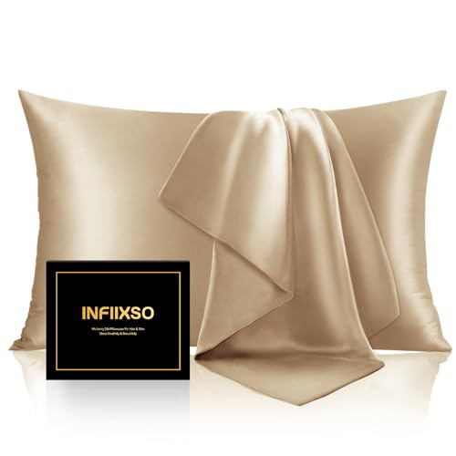 Image of INFIIXSO Silk Pillow Cases 2 Pack Standard Size, Ultra Smooth & Soft Mulberry Silk Pillow Case for Hair and Skin, Breathable Cooling Silk Pillowcase with Hidden Zipper (Champagne, 20x26 Inches)