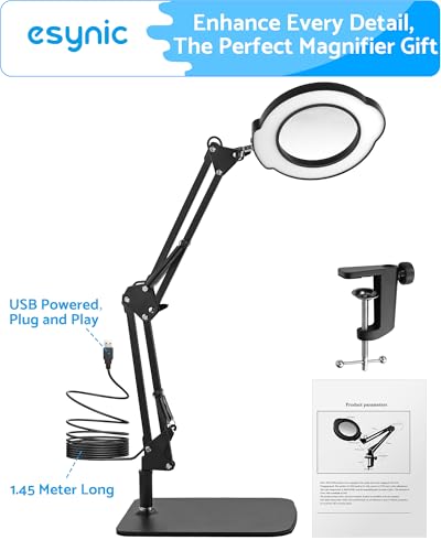 eSynic Lampa z lupą powiększającą 10x biurkowa szkło powiększające z 84 diodami LED styl stołowy i zaciskowy z metalową podstawą| 10-poziomowa jasność| ciepłe i zimne światło| regulowane ramię 50cm|