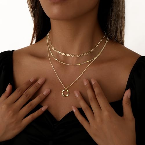 Gold Necklace for Women Layered Stackable Stack 14K Gold/Silver Plated Adjustable O Chain Texture Tag Charm Necklace for Women Layering Pendant Trendy Jewelry Set Gifts4