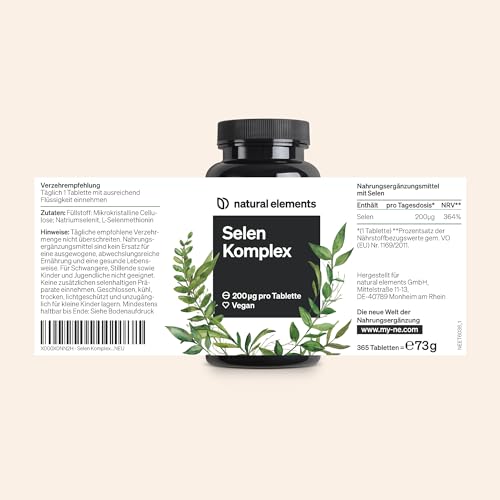 natural elements Selen Komplex – 365 Tabletten mit je 200µg – Komplex aus Natriumselenit und Selenmethionin – vegan, hochdosiert, ohne unnötige Zusätze – in Deutschland produziert & laborgeprüft