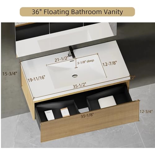 Image of 36'' Floating Bathroom Vanity with Sink, Wall-Mounted Bathroom Storage Cabinet with Soft-Close Striped Drawer & Solid Surface Basin, Modern Natural Oak Body with Internal Handle, Wood