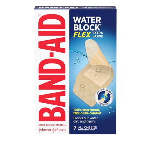 Band-Aid Brand Water Block Flex 100% Waterproof Adhesive Bandages for First-Aid Wound Care of Minor Cuts Scrapes & Wounds Ultra-Flexible Design Sterile Extra Large 7 ct