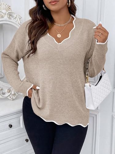 Image of MAKEMECHIC Women's Plus Size Long Sleeve Sweaters Scalloped V Neck Knit Cozy Sweater Pullover