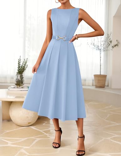 Image of ZESICA Women Summer Sleeveless Midi Dresses 2026 Elegant Boat Neck A Line Tie Waist Spring Cocktail Party Dress