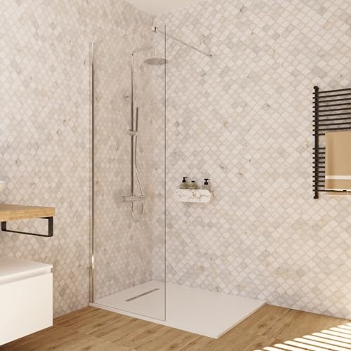 BAIKAL Mampara de Ducha. Panel Fijo de 70cm. Perfil Cromado Brillo. Cristal Transparente Templado 8mm de espesor. Tratamiento Antical. Alto 195 cm. Brazo adaptable 60-100cm.