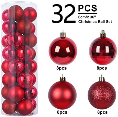 Arquiel 32pcs 6CM Christmas Balls Ornaments Set, Christmas Tree Ornaments with Hang Rope, Christmas Baubles for Xmas Tree Wreath Party Decoration, Red (HX0107A)