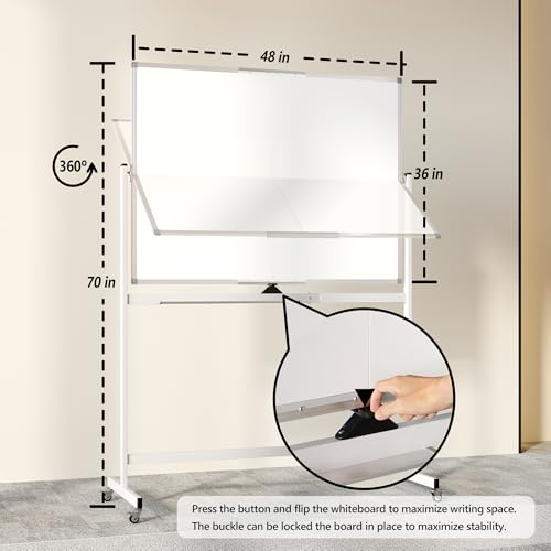 Large Rolling Whiteboard on Wheels, 48" x 36" Double-Sided Mobile White Board with Stand, 4' x 3' Portable Standing Magnetic Dry Erase Board Easel for Home Office Classroom School, Silver - Image 4