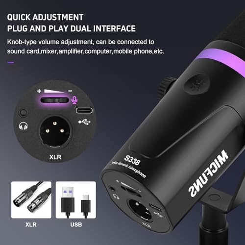 Image of Micufuns Vocal Dynamic Microphone, XLR /USB Podcast Recording PC Microphone,Studio Metal Mic with Mute, Headphone Jack, Monitoring Volume Control,with RGB Microphone Boom arm (M338-C)