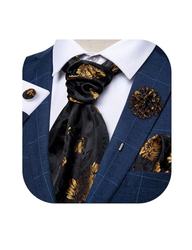 Image of DiBanGu Mens Silk Ascot Ties Paisley Jacquard Woven Cravat and Pocket Square Cufflinks with Lapel Pin for Business Wedding