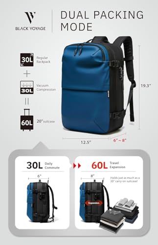 Image of BlackVoyage Vortex Vacuum Seal Travel Backpack 60L Expandable Air Compression System Water Resistant TSA Lock, Aero (Black), 60L (Air Pump Included), Aero