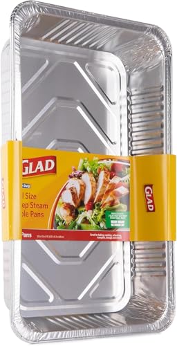 Image of Glad Disposable Full Size Aluminum Steam Pans, Deep Heavy Duty Foil Pans for Steaming, Baking, Roasting, Catering & Oven Reheating, Fits 2 Half Pans, 20.5 x 12.5 x 2.75 Inch, 2 Count