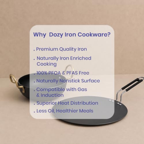 Image of DOZY Iron Kadai and Tawa Combo Set | 28 cm Kadai with Bakelite Handles | 22 cm Tawa | Chemical Free | Better Heat Retention | Induction and Gas Compatible