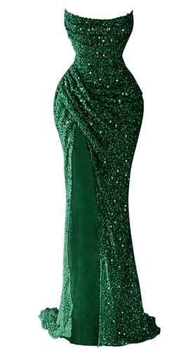 Zeeyecie Sparkly Sequin Prom Dress for Women 2025 Long Mermaid Strapless Glitter Formal Evening Ball Gowns with Slit