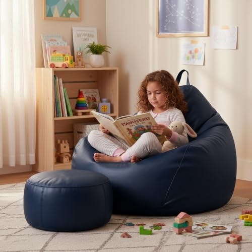 Image of 6XL Jumbo Premium Bean Bag Chair with Footrest & Cushion | Filled with High Density EPS Beans | Comfortable Sofa for Living Room & Bedroom | 6 Months Warranty, Color- (NAVY BLUE, 6XL, Premium)