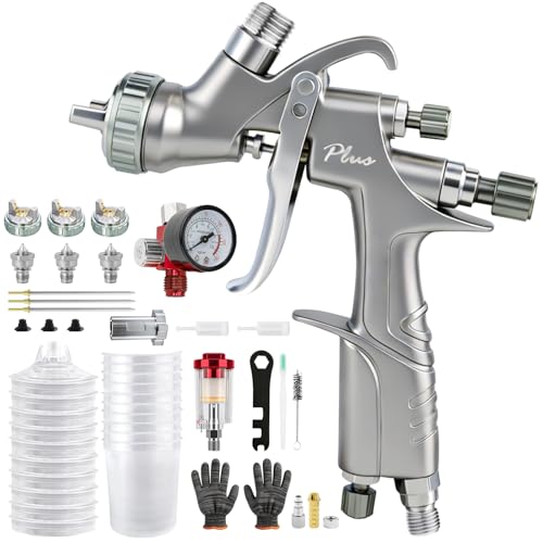 D1 LVLP Air Spray Gun Premium Kits, Paint Sprayer with 1.3/1.5/1.7mm Nozzles & Air Regulator, 10x 650ml Disposable Cups, Automotive Paint Gun for House, Cars, Furniture, Fence, Varnish&Top Coat