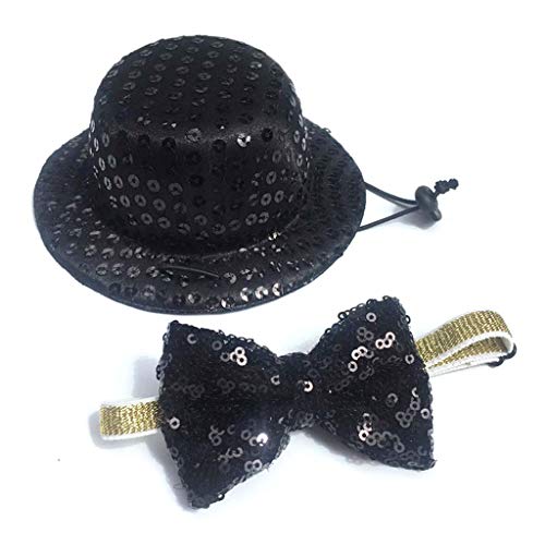Set de gorro y corbata para perro y gato negro con lentejuelas miniatura 2