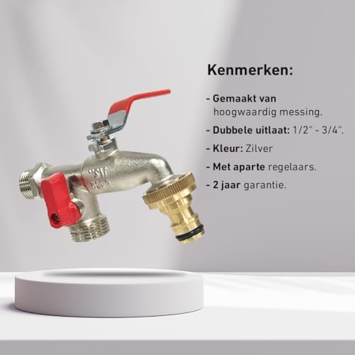 Aqua Control - Tuinkraan - Dubbele uitlaat 1/2'' en 3/4' - Gemaakt van messing - Messing fitting Compatibel met alle irrigatieaccessoires - Afbeelding 4