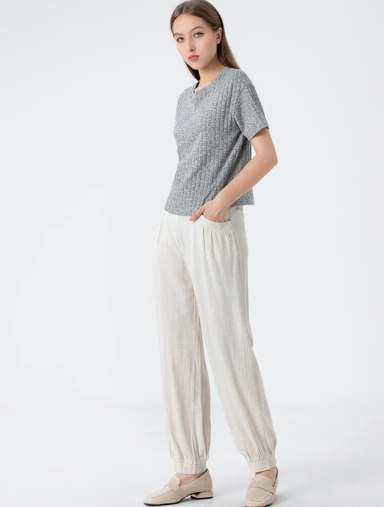 Minibee Women's Cotton Linen Tapered Cropped Pants Elastic Waist Trousers - Image 2