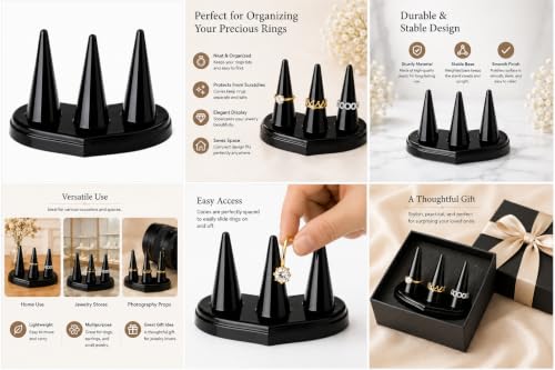 Image of morel JEWEL FINGER RING HOLDERS PLASTIC 3 MOUNT JEWELRY BLACK STAND RING CONE FINGER STORAGE ORGANIZER TOWERS PERFECT FOR BUSINESS PHOTOSHOOT ROOM DECORATION.(PACK OF 2)