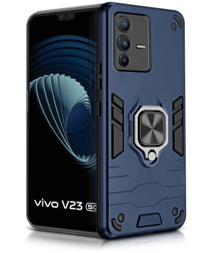 Image of WOW IMAGINE Shock Proof Back Case Mobile Cover for Vivo V23 | Back Cover Case (Tough Armor | Hybrid PC + TPU | Ring Holder & in-Built Kickstand | Blue)