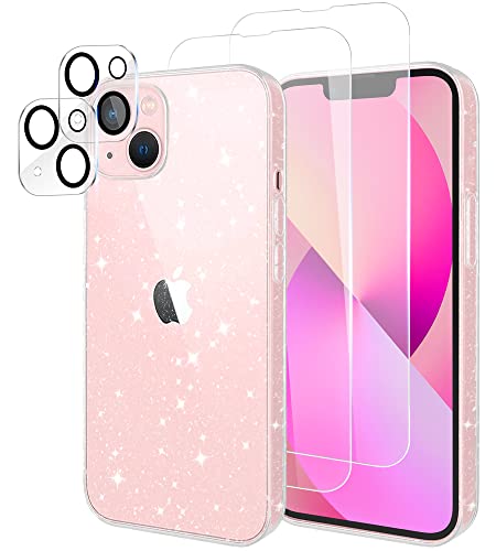 Yohii Coque Compatible avec iPhone 13 Paillette, 2 Pièces Verre Trempé et 2 Pièces Protecteur de Caméra, Glitter Transparent Etui Silicone TPU Bumper Housse - Clear Cover
