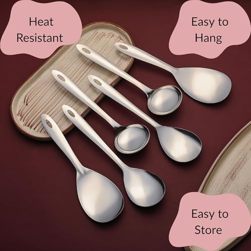 Image of Montavo by FnS 6 Pieces Stainless Steel Serving Spoon Set, 2 Rice Servers, 2 Gravy Ladles, 2 Vegetable Serving Spoons, Mirror Finish Food Grade Serving Cutlery for Home, Kitchen & Dining