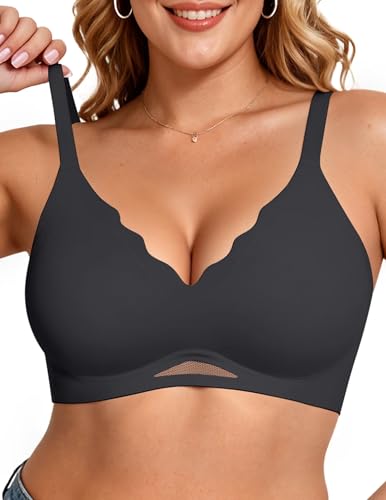 Image of Vertvie Jelly Bras for Women No Underwire Supportive | Seamless Wireless Bralette, Cool Breathable Mesh, Push Up Scalloped V-Neck, Full Coverage Tshirt Bra, Soft Comfortable