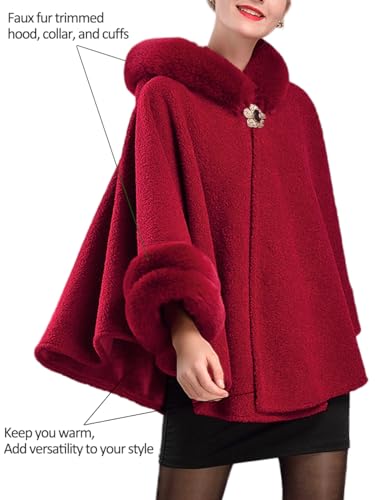 Dahlia Women's Winter Poncho Cape – Luxurious Faux Fur-Trimmed, Shed-Free, Silky Touch, Fleece-Lined Elegant Cloak, Red Large - Thumbnail 2