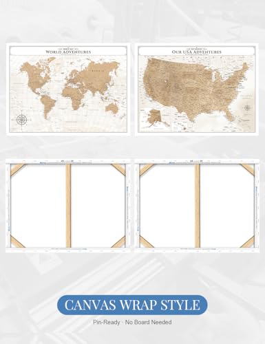 Image of IPIC - Vintage World and USA Push Pin Travel Map Set on Canvas, Large Wall Art for Travel Tracking, Gift for Travelers, Made in USA