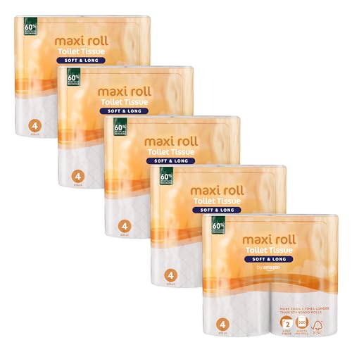 by Amazon Carta Igienica (MAXI Rotolo), 2 Veli Trapuntata, Soffice e Delicata, 20 Rotoloni (5 Confezioni da 4), 500 Strappi per Rotolo, Certificata FSC