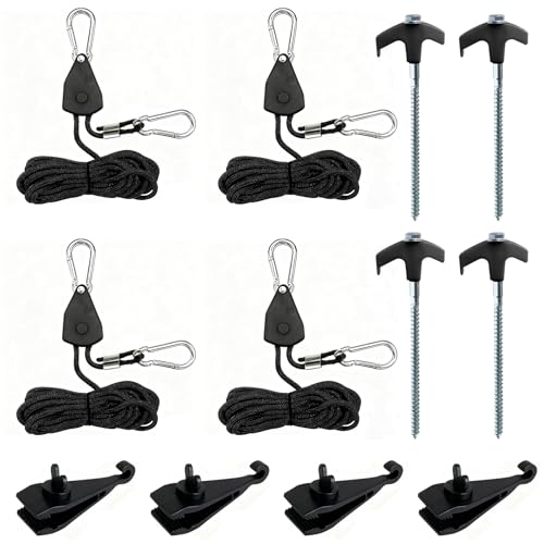 4 Stück Zelt-Heringe aus Stahl mit Adapter,Campingzelt Werkzeugset mit 4 Pack 4 mm verstellbare Seilratsche,4 Stück Tarp Clip Clamp für Plane Zeltplane Tarp Camping Wohnmobil