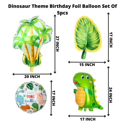Image of Party Decorz Dinosaur Foil Balloon Set Of 5pcs (1pcs Tree Balloon + 1pcs Leaf Balloon +2pcs Round Happy Birthday Balloon + 1pcs Dinosaur Balloon) For Kids Dinosaur Theme Birthday Party Decoration