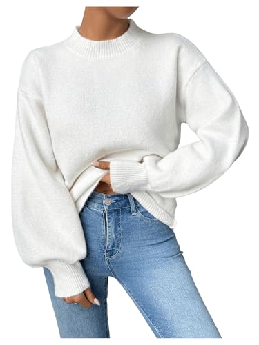 SweatyRocks Women's Mock Neck Pullover Sweater Lantern Long Sleeve Ribbed Knit Sweater