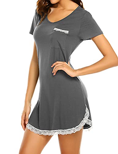 Ekouaer Nightgowns for Women Women's Sleepwear Cotton Sleep Tee Short Sleeves Lace Trim Sleepshirt Dark Grey M