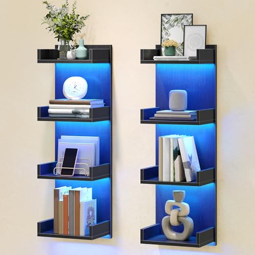 Image of HOOBRO Floating Wall Shelves with LED Lights, Floating Shelf Wall Mounted for Storage, Vertical Display Stand, Modern Column Rack, for Bedroom, Livingroom, 4-Tier, 35.4 Inches, Black, BK41DBJ01