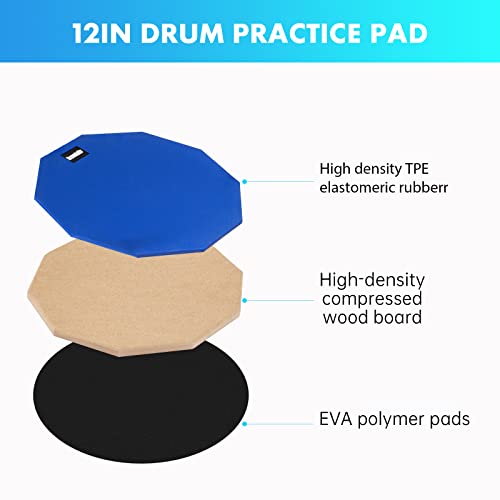 Image of GrowDaily Drum Practice Pad Snare Drum Stand Set 12 In With Blue Double Sided Silent Drum Pad,Drum Dampeners Gel, Drum sticks,Carrying Bag Adjustable Stand(Fits 10''-14'' Drums) (Blue)