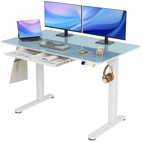 Image of INNOVAR Glass Standing Desk with Drawers 48x24 Inch Morandi Blue
