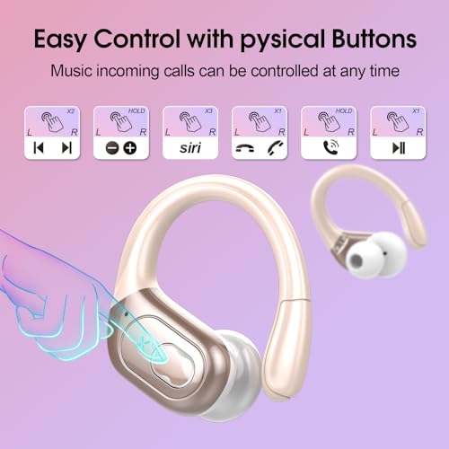 Aptkdoe 2 Sets Wireless Earbuds Sport, Bluetooth 5.4 Over Ear Buds Stereo Deep Bass Over Ear Bud with Earhooks, 75H Wireless Earphones with Mic, IPX7 Waterproof Earphone for Sports Rose Gold+White - image 7