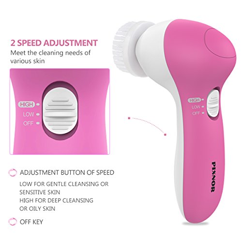 PIXNOR P2017 Waterproof Facial Cleansing Brush and Massager with 7 Brush Heads for Deep Cleansing, Exfoliating, Removing Blackhead and Massaging (Classic Rosy)