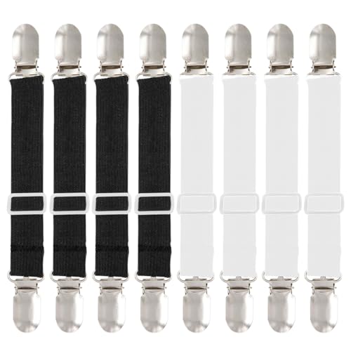 MIRKUZI Lenzuola Set di 8 tenditori regolabili (35 cm - 130 cm), tenditori elastici, tenditori con clip metalliche (bianco e nero)