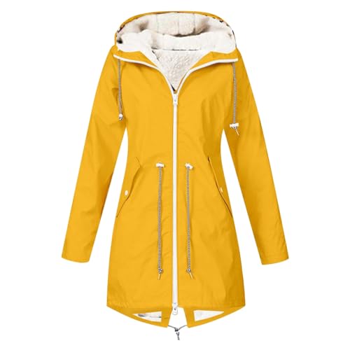 Warme Regenjacke Damen Fleecefutter, mittellang, einfarbig, mit Winterjacke Damen Viele Taschen (Yellow, S)