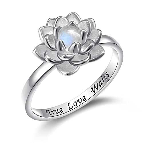 Yearace Moonstone Lotus Ring, Sterling Silver True Love Waits Engraved Lotus Flower Blossom Fidget...