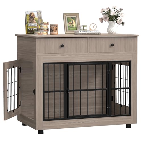 40 inch Dog Crate Furniture-Farmhouse Dog Kennel with Drawers-Heavy Duty End Table Wooden Pet Crate, Decorative Dog House Indoor for Small Medium Large Dog, Oak Grey