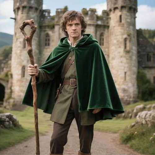 L'VOW Medieval Green Hobbit Cloak Renaissance Elf Hooded Cape wtih Leaf Brooch Clasp
