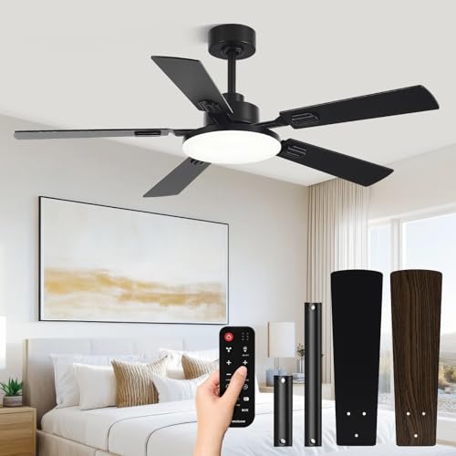 Conciseer 52 Inch Ceiling Fans with Lights and Remote for Bedroom Living Room Kitchen Office, Indoor/Outdoor Use, 5CCT Dimmable, 5 Blades, 6 Speed Reversible Quiet DC Motor, Black/Wood Grain