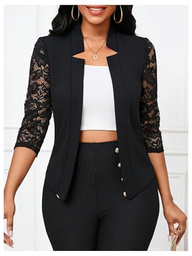 SHENHE Women's Floral Lace 3/4 Sleeve Open Front Work Office Notch Lapel Blazer Jacket3