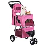 LEMY Foldable Pet Puppies Stroller for Cats and Dogs, 3 Wheels Travel Pet Carrier w/Weather Cover, Storage Basket and Cup Holder, Pink