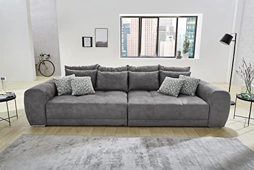 Big Sofa XXL B306/T134/H86 cm, bequeme Lounge Couch mit hochwertiger Federkernpolsterung, viele Kissen, Liegefläche 120 cm x 240 cm, angenehmer Mikrofaserstoff-Bezug in Grau / 15114