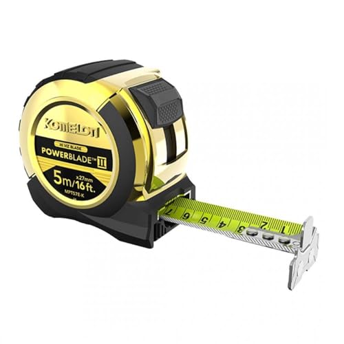 Komelon MPT57EG PowerBlade II 5m/16ft dual-printed hi-vis blade nylon coated for durability magnetic end hook ergonomic ABS case with rubber grip. EC Class II accuracy.